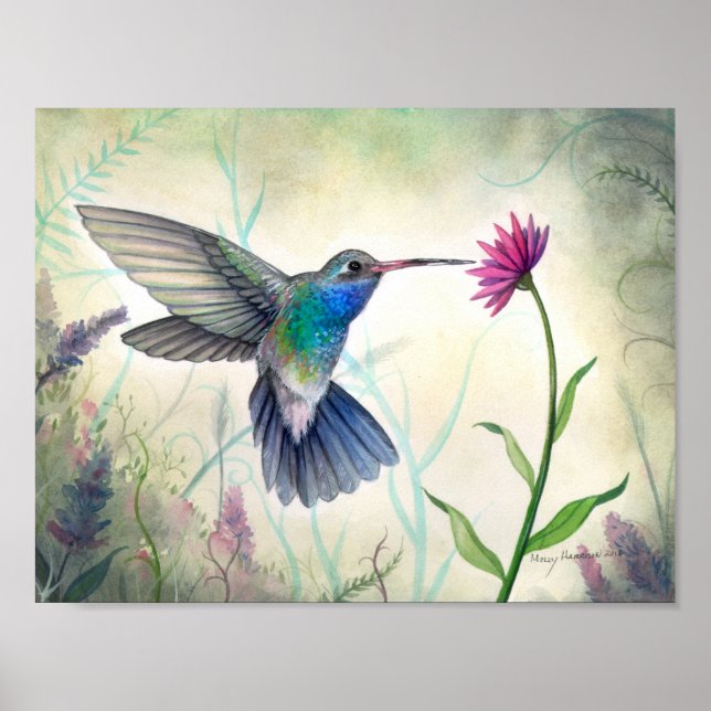 Poster Beija-flor e Flor de Doce Néctar Aquarela (Frente)