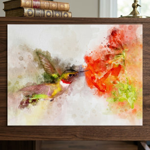 Poster Beija-flor em Aquarela se Alimentando de Flor Vibr