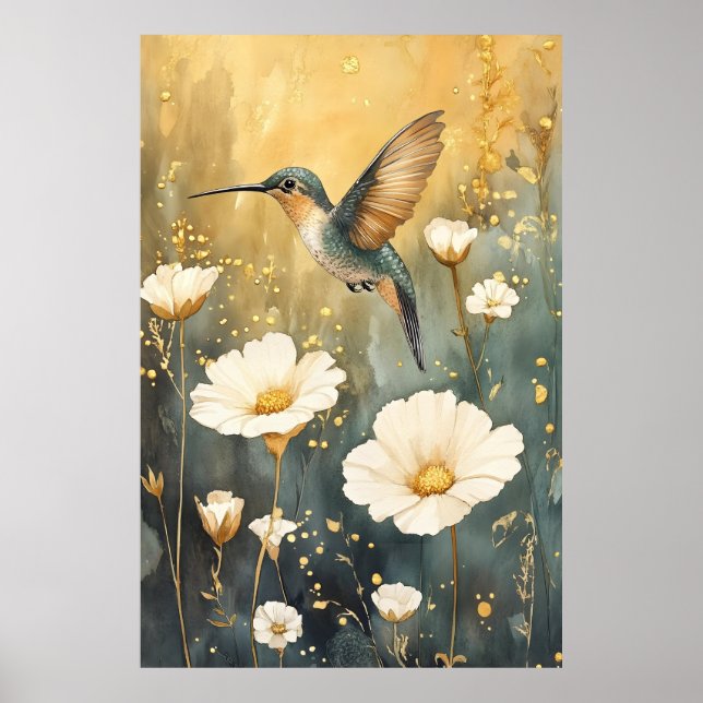 Poster beija-flor em pleno voo no meio de flores brancas (Frente)