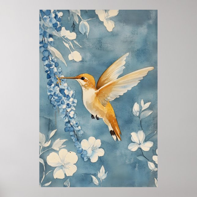Poster beija-flor em voo entre flores brancas (Frente)