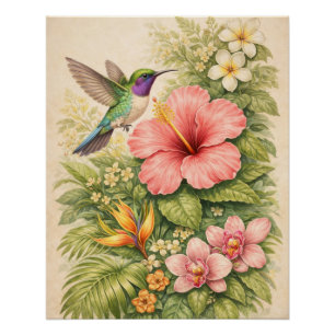 Póster Beija-flor Tropical Vibrante Botânico Hibisco