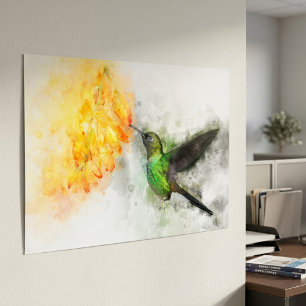 Poster Beija-flor Vibrante e Aquarela Floral Amarela