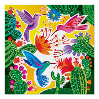 Póster Beija-flores e Cactos Floridos