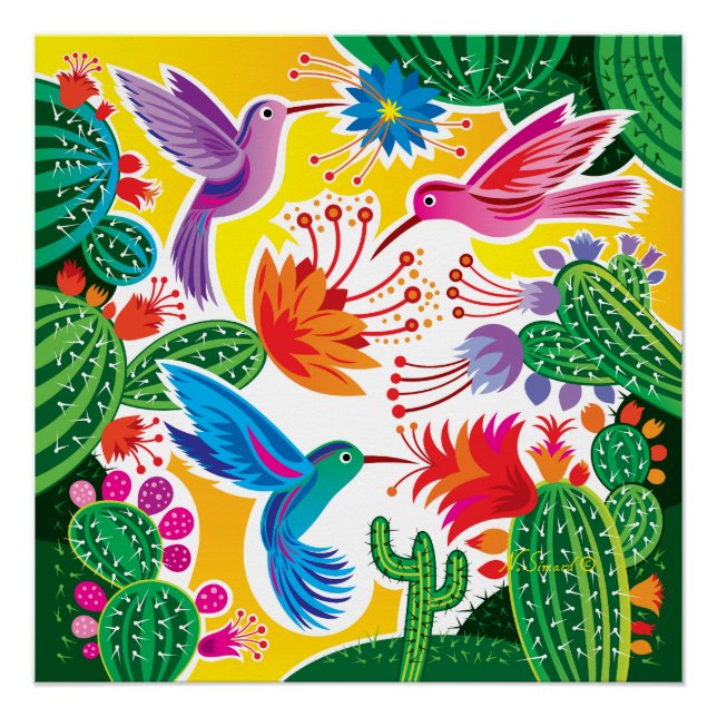 Póster Beija-flores e Cactos Floridos (Frente)