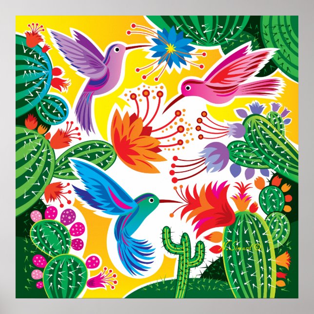 Poster Beija-flores e Cactos Floridos (Frente)