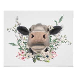 Póster beijo de nariz de vaca flores aquarela cinza anima