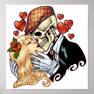 Poster Beijo do crânio com corações e rosas pelo Al Ri