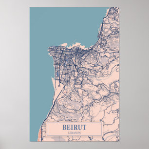 Poster Beirute Líbano Mapa da Cidade Ventilada Viagem
