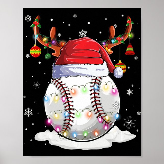 Poster Beisebol Ball Santa Hat Reindet À Luz De Natal (Frente)