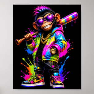 Poster Beisebol de Macaco Gotejamento Festa de Animal Eng