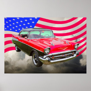 Poster Bel Air 1957 de Chevrolet e bandeira americana