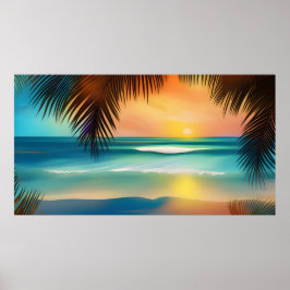 Poster Bela areia de praia tropical palmeiras oceânicas