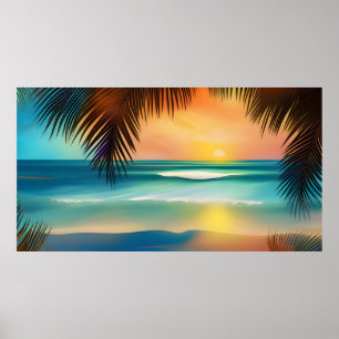 Poster Bela areia de praia tropical palmeiras oceânicas