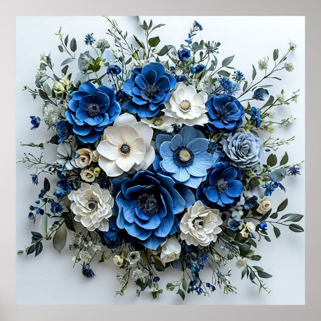 Poster Bela Arranjo Floral Azul e Branco (Frente)