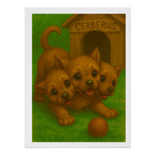 Póster Bela Arte Fantasia Cerberus De Olhos Cachorros De 