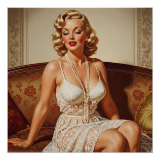 Póster Bela arte pin-up loira dos anos 50