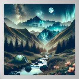 Poster Bela cena de acampamento com montanhas e tendas