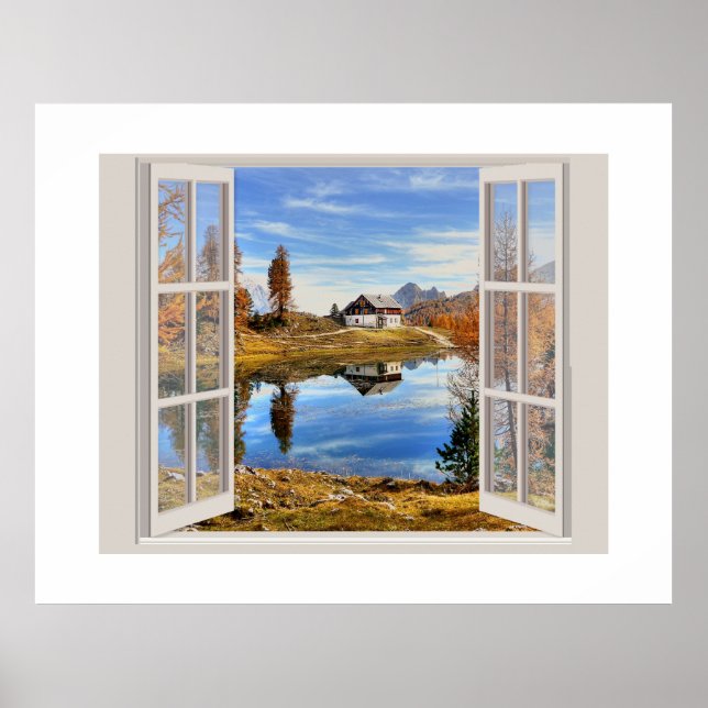 Poster Bela cena de queda vista através de uma janela abe (Frente)