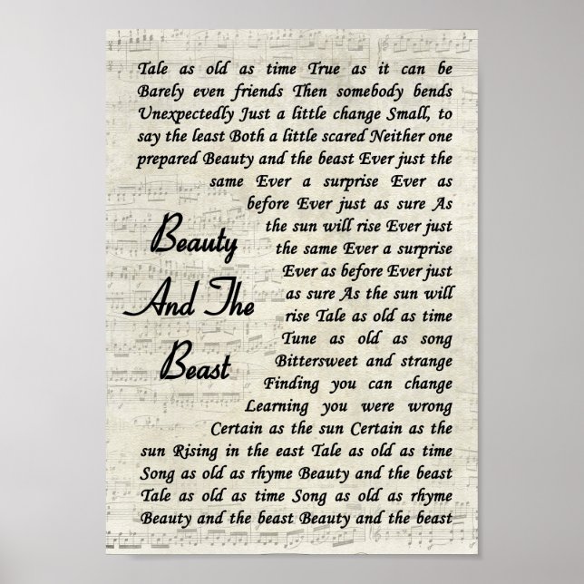 Poster Bela E A Letra Da Música Do Script Vintage. (Frente)