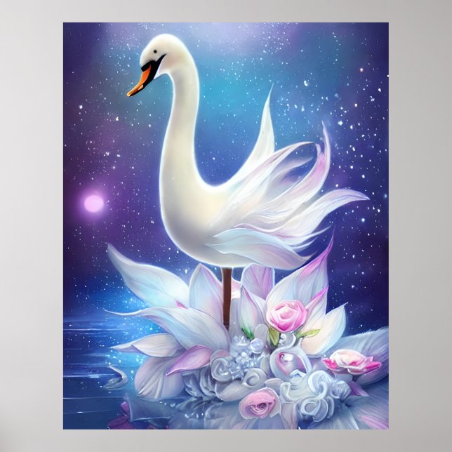 Poster Bela Fantasia, Swan Branco com Flores (Frente)