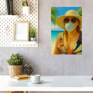 Poster Bela Garota da Praia Tropical Bolha de Chiclete