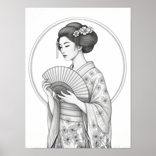 Poster Bela Japonesa com Leque Dobrável (Frente)