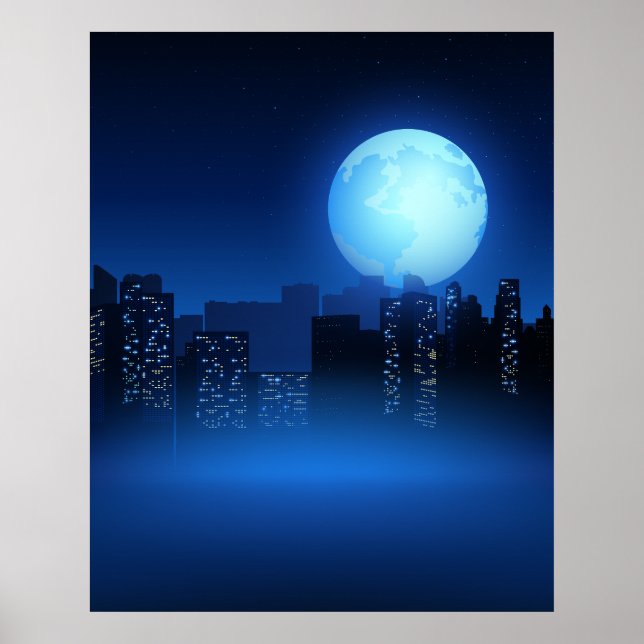 Poster Bela Lua Cheia à Noite na Paisagem Urbana (Frente)