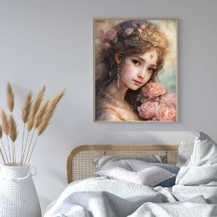 Poster Bela Menina com Rosas Rosa