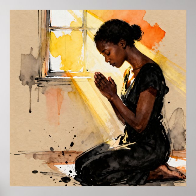Poster Bela Mulher Afro-Americana Abstrata Rezando (Frente)