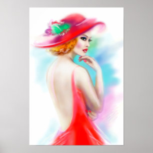 Poster bela mulher de chapéu vermelho e um vestido
