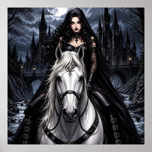 Poster Bela Mulher Gótica em Cavalo Branco (Frente)