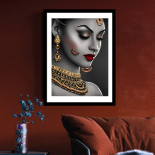 Poster Bela mulher indiana asiática Jóias pretas brancas 