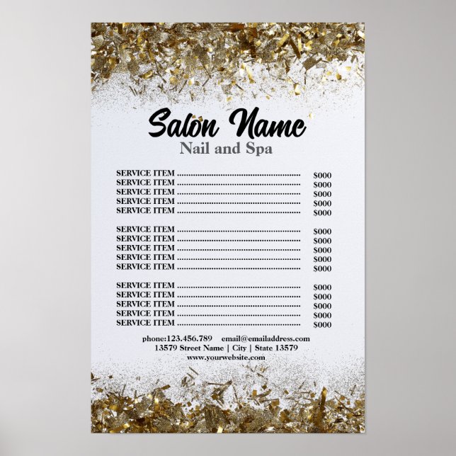 Poster Bela Nail Salon Price List menu gold confetti (Frente)