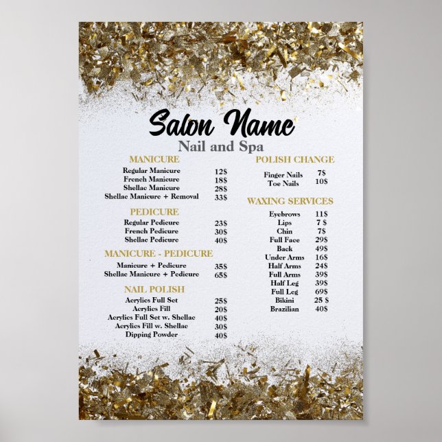 Poster Bela Nail Salon Price List menu gold confetti (Frente)