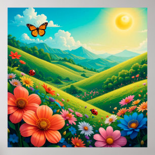 Poster Bela Paisagem de Verão Com Flores Coloridas