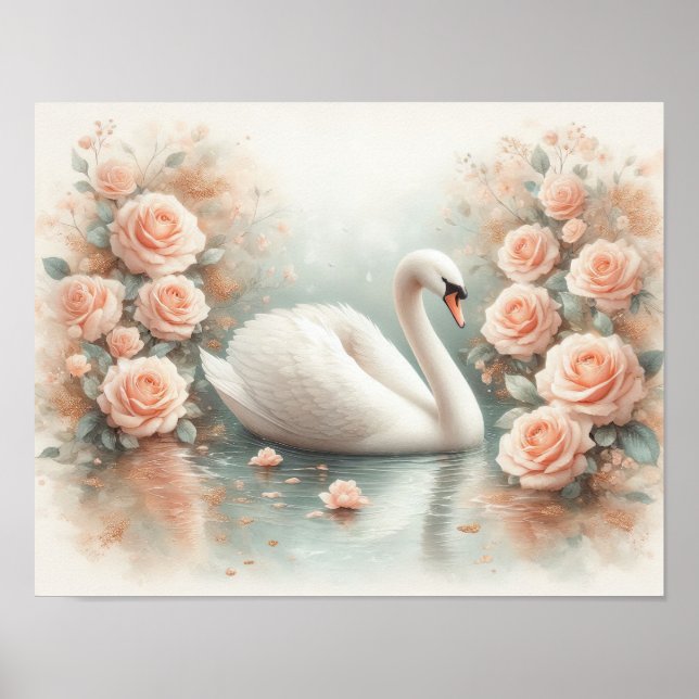 Poster Bela Pintura de Cisne e Rosas (Frente)