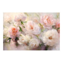 Bela Pintura em Aquarela de Peônias Brancas e Rosa