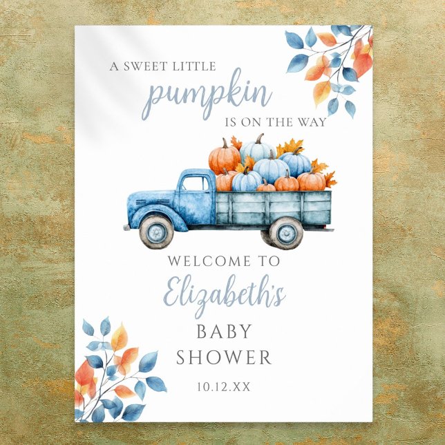 Poster Bela Placa de Boas-Vindas de Chuvinha de Bebê Pequ (Sweet Little Pumpkin Blue Baby Shower Welcome Sign)