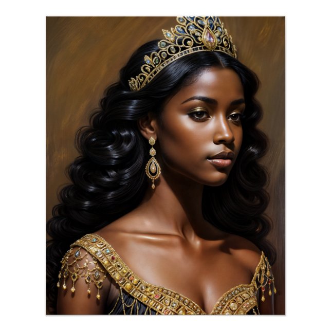 Póster Bela Rainha Negra Usando Coroa de Ouro (Frente)