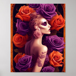 Poster Bela Rosa de Halloween Roxo e Laranja