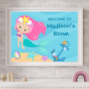 Poster Bela Sereia de Praia Personalizada Bem-vinda ao Me