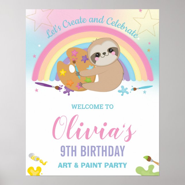 Poster Bela Sloth Rainbow Paint Art Aniversário Bem-vindo (Frente)