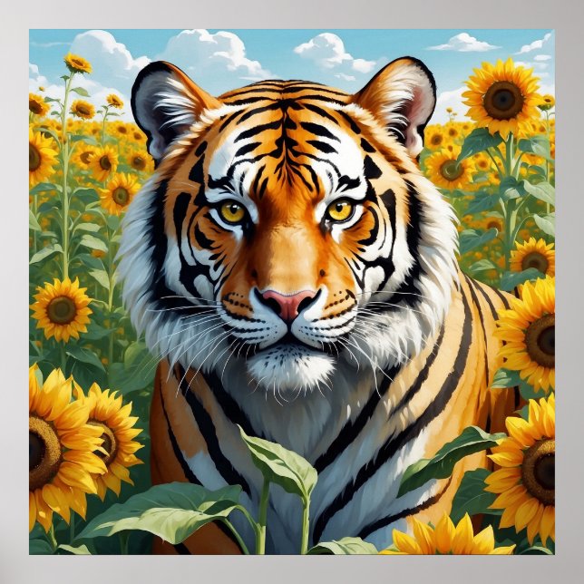 Poster Bela Tigre no Floral de Campo de Girassol (Frente)