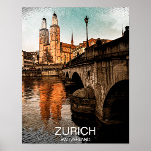 Poster Bela Vista da Cidade de Zurique Suíça Vintage