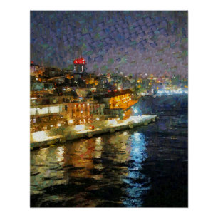 Póster Bela vista noturna pintada de viagem a Istambul