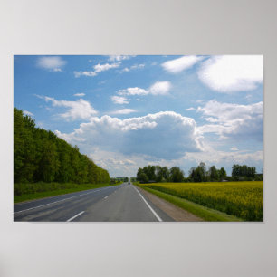 Poster Belarus Road Canola Fields Flowers Sky