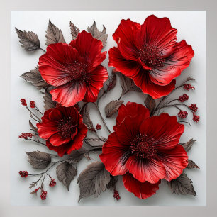 Poster Belas Flores e Folhas Vermelhas