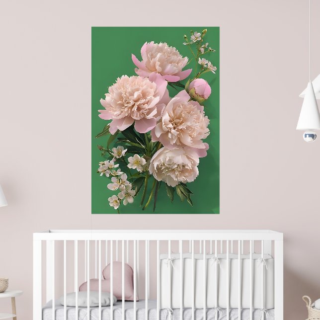 Poster Belas peônias brancas e rosas em fundo verde (Berçário 2)