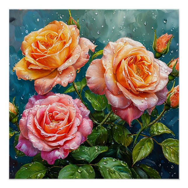 Póster Belas Rosas Floridas com Gotículas de Água (Frente)