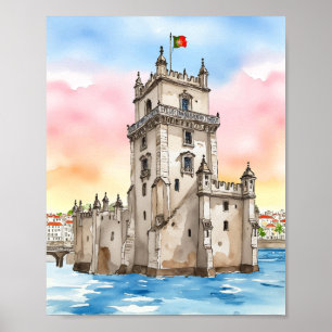 Poster Belem Tower Lisboa Portugal Watercolor